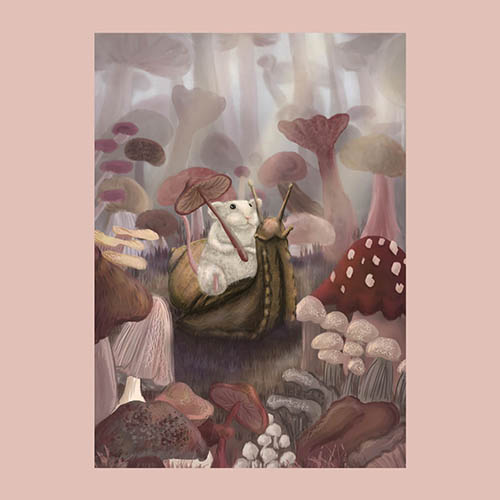 Mouse and Snail adventuring slow and steady through mushroom forest