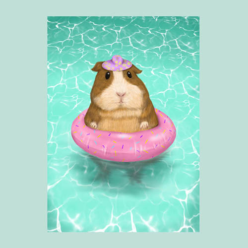 Guinea pig enjoying a sunny day in a pool in a floatie